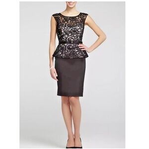 Xscape by Joanna Chen Black Lace Satin Peplum Cocktail Dress